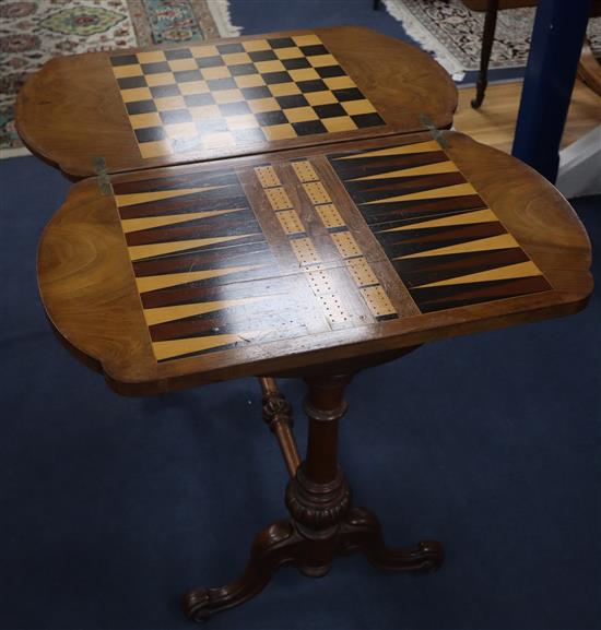 A Victorian walnut and boxwood line inlaid work / games table, W.68cm